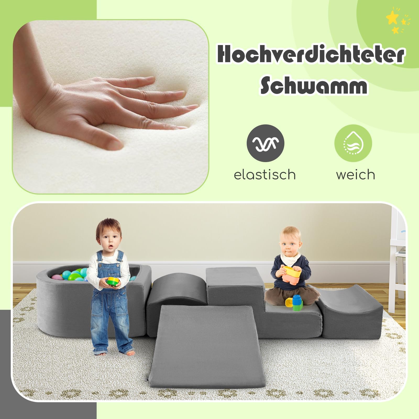 FANTASK 5 TLG. Kinder Softplay-Set, Schaumstoffbausteine mit Bällebad, Riesenbausteine zum Toben und Klettern, Schaumstoff Bausteine für Spielzimmer, Kinderzimmer (Grau)