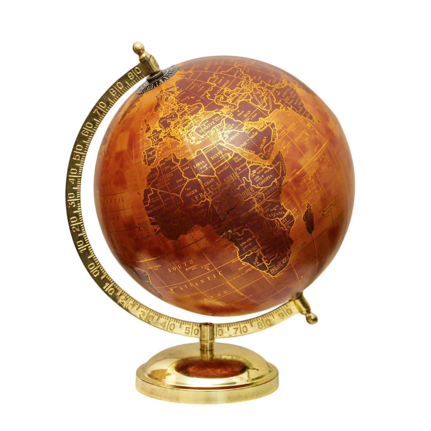 Darthome Rotating World Globe, Terracotta and Gold, Metal Stand, 8 Inch Diameter, Vintage Style Desk Ornament