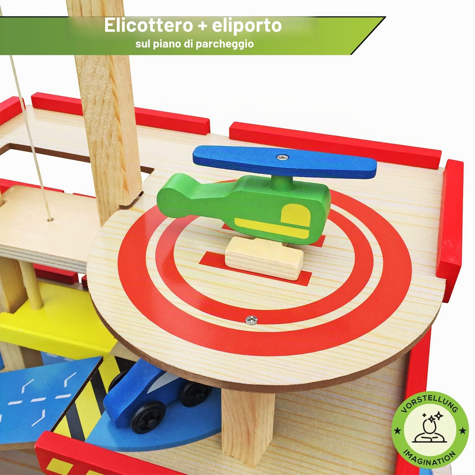 Balinco PARKING HOUSE PER BAMBINI, parcheggio a 3 piani, ascensore, biglietteria, autolavaggio, distributore di benzina, 4 auto, elicottero - giocattoli in legno a partire da 3 anni