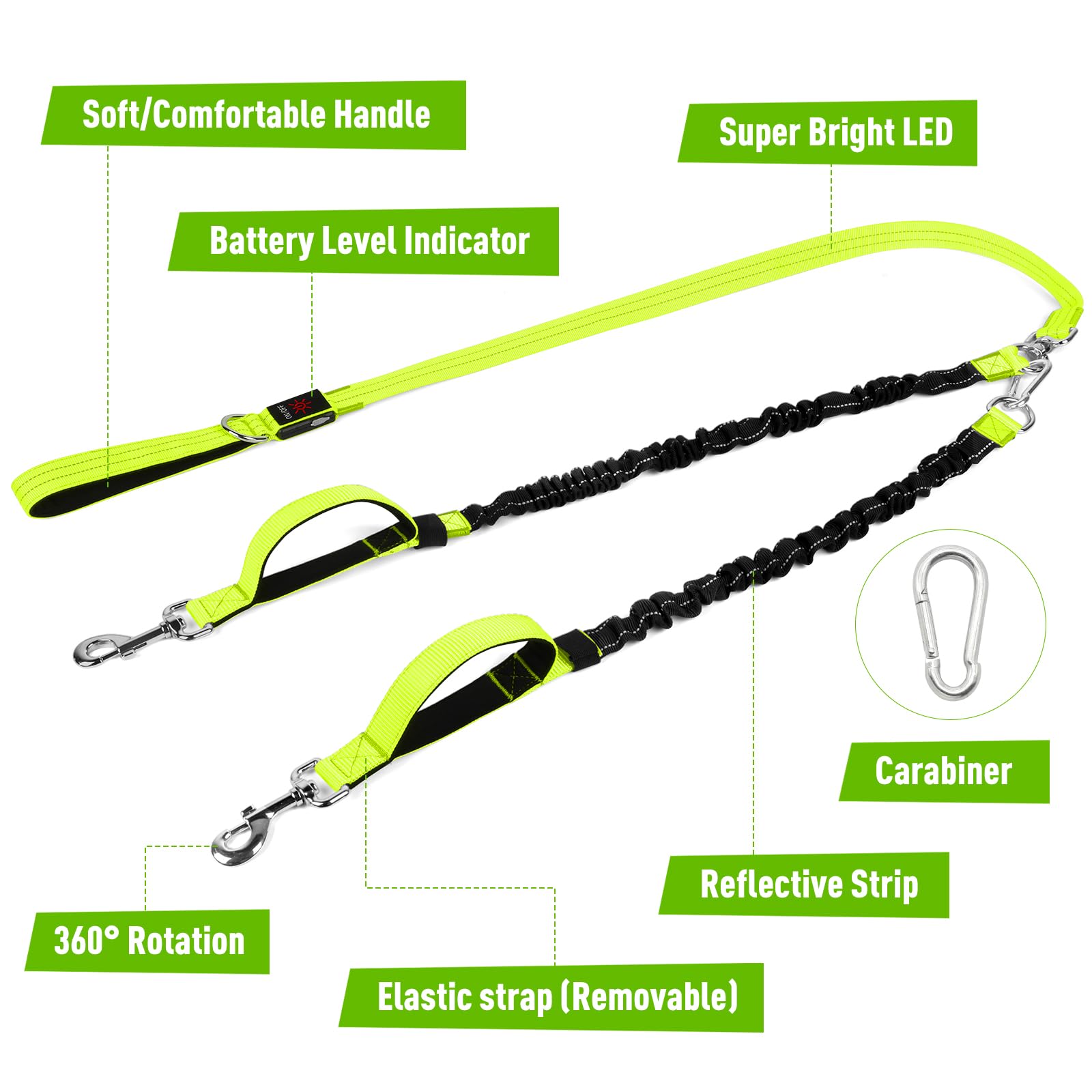 Correa doble LED para perro, correa giratoria de 360° para pasear perros, cómoda correa absorbente de golpes para perro, elástico extraíble reflectante para dos perros