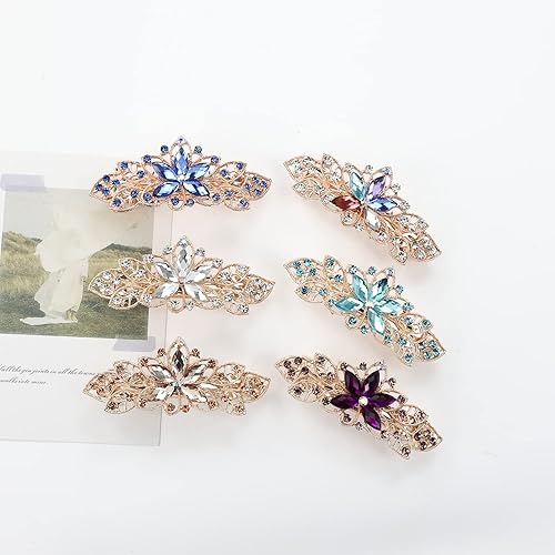 Miniatura 8 de Lawie Paquete de 6 pinzas para el cabello de metal con diamantes de imitación brillantes con diamantes de imitación de flores francesas, pinzas para