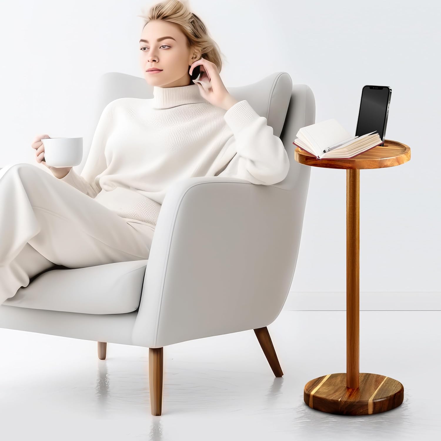 Wood Pedestal Side Table with Phone Holder & Cable Opening, 10.6" Round Drink Table, 24" Tall Accent End Table for Living Room, Bedroom, Sofa & Small Spaces