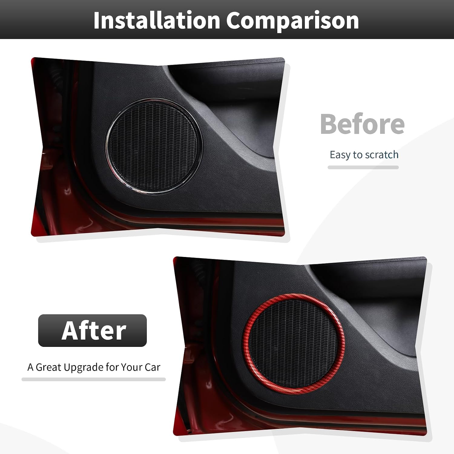 CheroCar Front Door Speaker Ring Cover Interior Accessories Compatible with Ford Mustang 2015-2026,Red Carbon Fiber