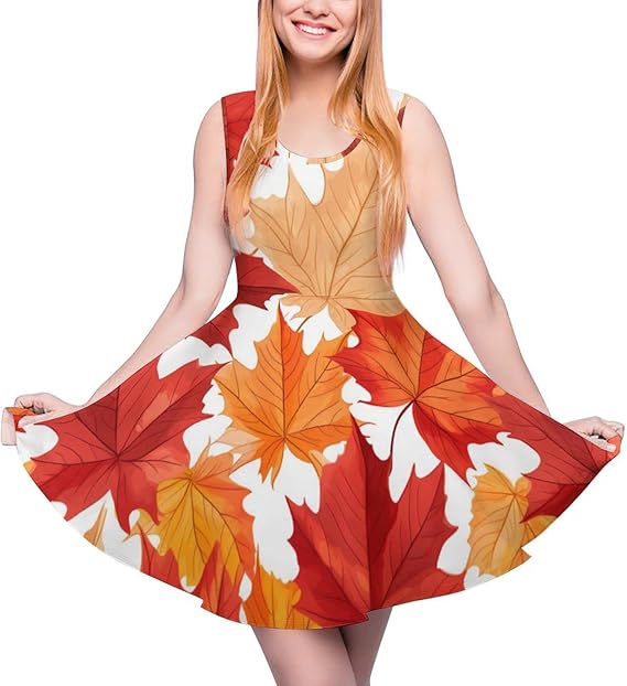 Autumn Maple Leaves Womens Summer Dress Round Neck