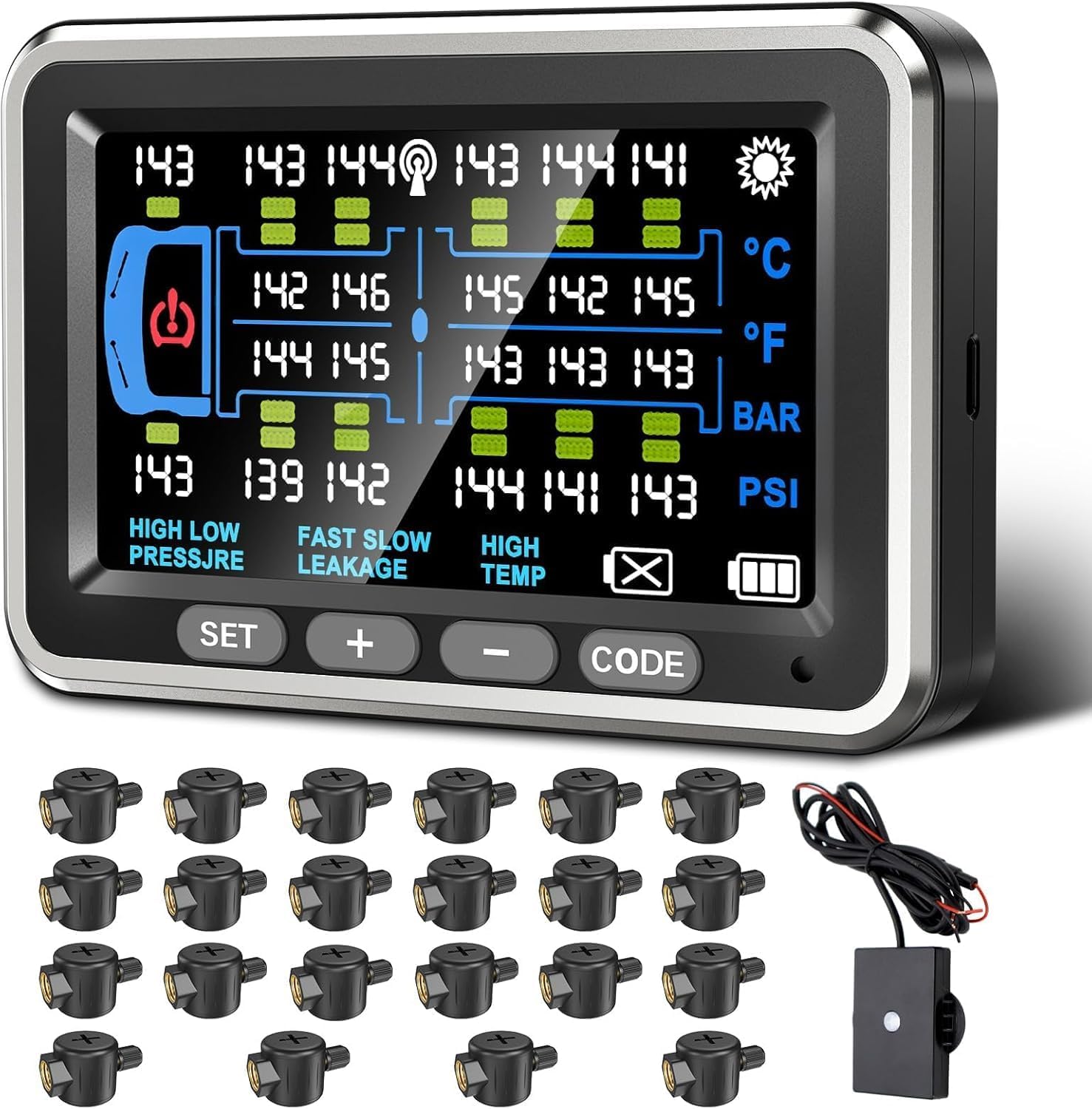 Trailer Tire Pressure Monitoring System 22 Sensors, 0-188PSI, 4.5" RV TPMS with Flow Through Sensor,6 Alerts Modes Monitor(4-22 Sensors) for Semi Truck/Camper/5th Wheel,Motorhome,Signal Booster