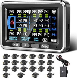 Trailer Tire Pressure Monitoring System 22 Sensors, 0-188PSI, 4.5" RV TPMS with Flow Through Sensor,6 Alerts Modes Monitor(4-22 Sensors) for Semi Truck/Camper/5th Wheel,Motorhome,Signal Booster