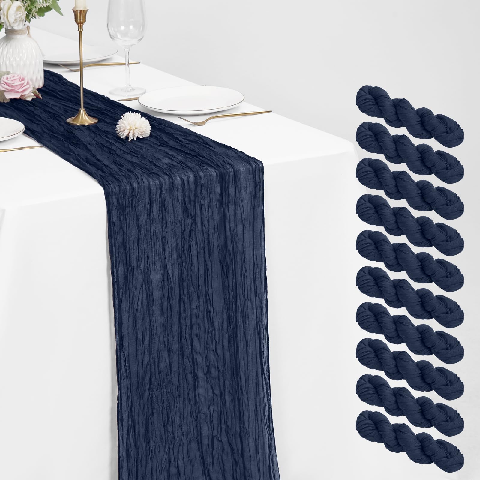 10 Pack Cheesecloth Table Runner Navy Blue 21 x 120 inch Rustic Boho Gauze Fabric Table Runner Romantic Long Cheesecloth Table Runner for Wedding, Festival, Anniversary, Dinner and Outdoor Events