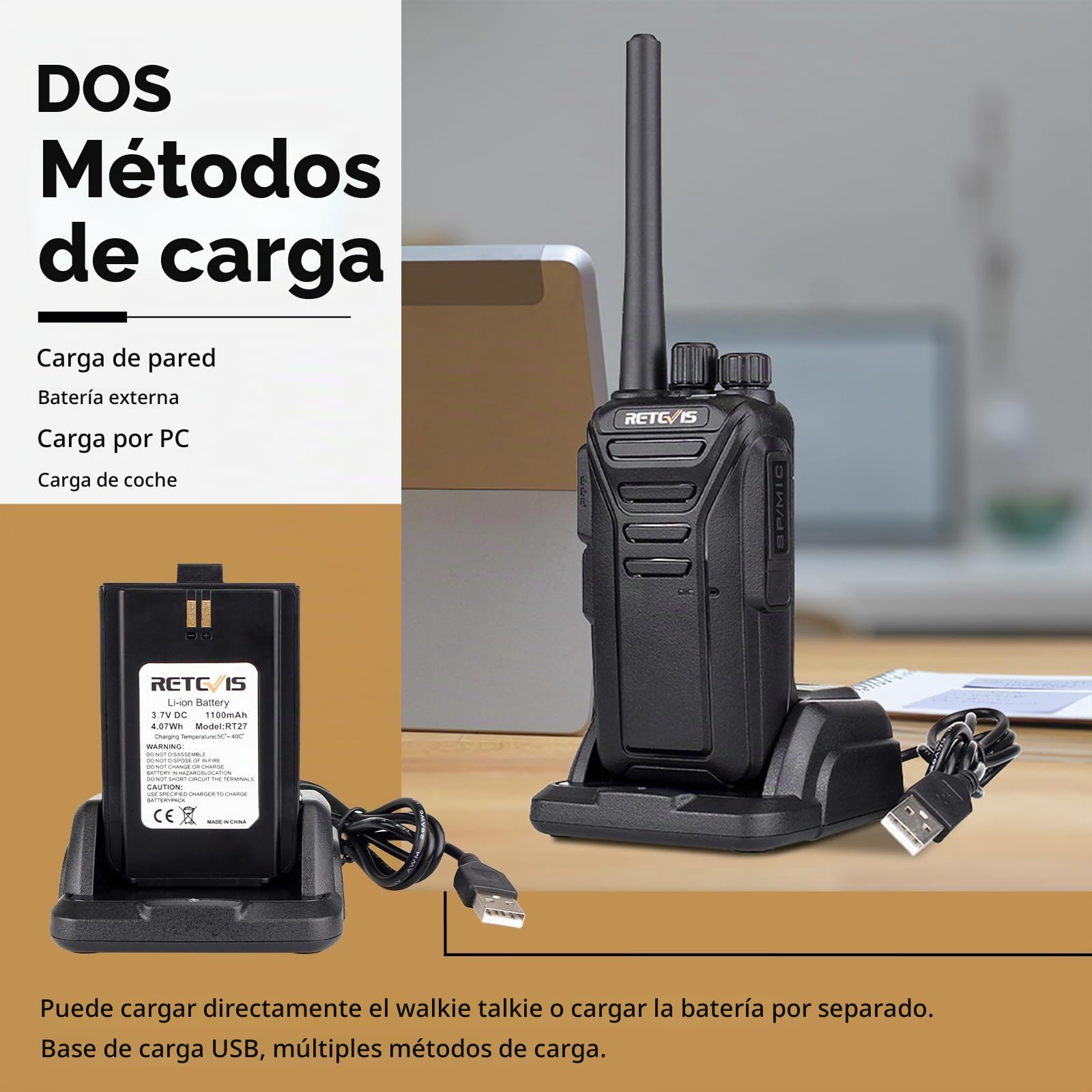 Retevis RT27 Walkie Talkie, Walkies Profesionales, PMR446 sin Licencia, VOX 16 Canals CTCSS/DCS, Walkie Talkie Recargable con Cargador USB, Walkie-Talkie Largo Alcance (Negro,1 Par)
