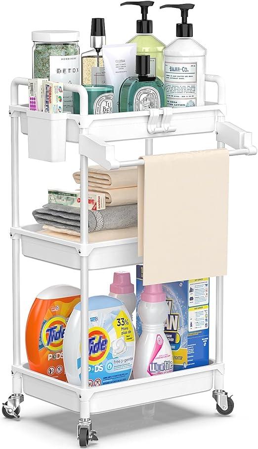 SPACEKEEPER Rolling Storage Cart, 3 Tier Utility Cart Laundry Room Organization Mobile Shelving Unit Bathroom Organizer with Towel Rack, Lockable Wheel, Hooks & Cup for Kitchen Office, White
