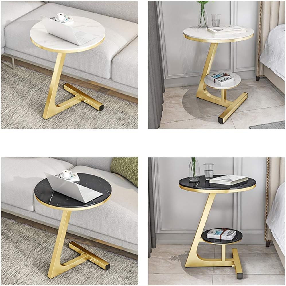 Side Table/End Table,Home Coffee Table - Marble Effect Top & Metal Frame - Round Occasional Stand 2 Tier Tea Table for Living Room Home and Office