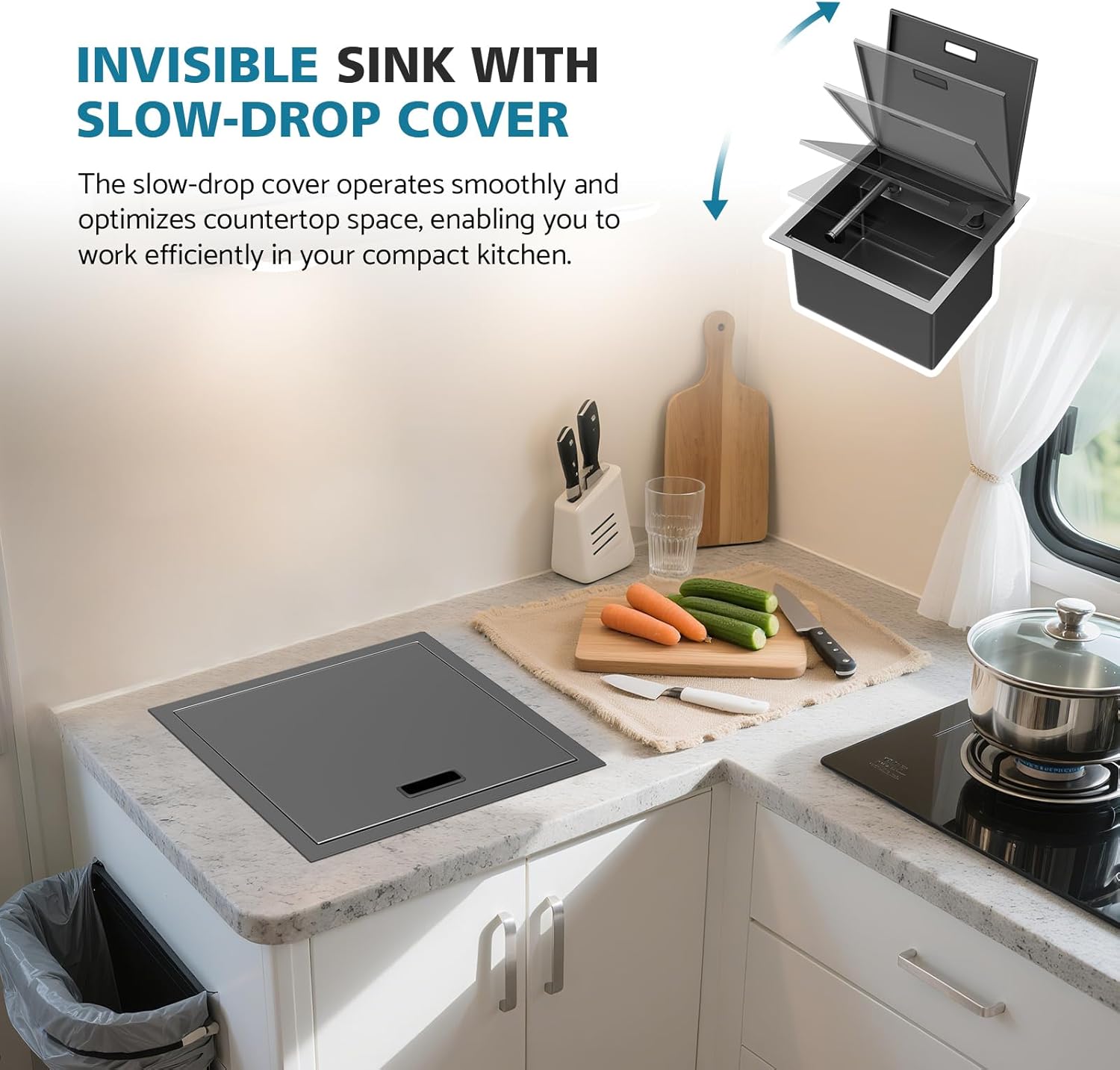 Lefton RV Kitchen Sink, 17 x 17 x 10 Inch Stainless Steel Single Bowl Drop-in Bar Sink with Liftable Pull-out Faucet for Small Kitchen Island, BS2502