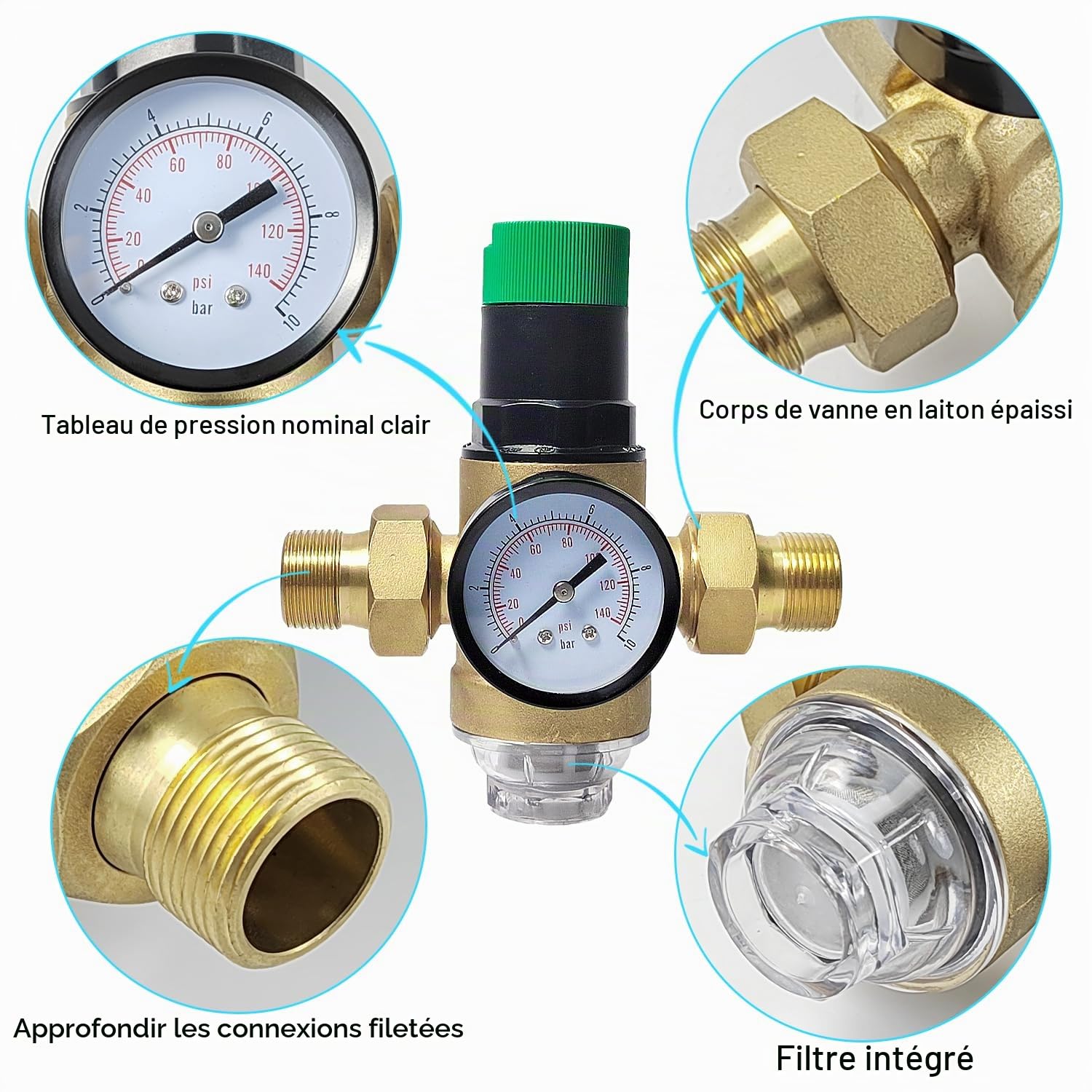 1/2 Pouce Ajustable Reducteur de Pression Eau, DN 15 Laiton épaissi Limiteur de Pression, Réducteur de Pression Eau Avec Filtre et Manomètre, Applicable à La Maison, Le Bâtiment, L'usine