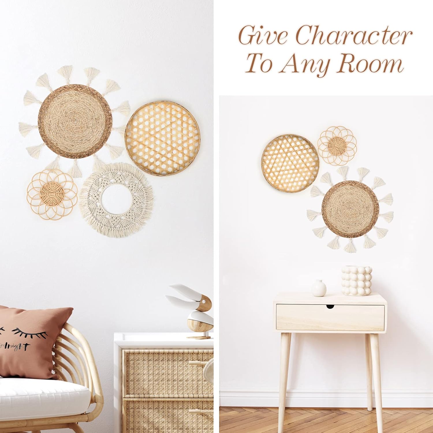 Set of 4 Boho Wall Basket Decor Wall Hanging Rattan Macrame Decor Flat Round Wicker Woven Macrame Tassels Tapestry Bamboo Wall Basket Handmade Serving Tray Art for Room Bedroom Living Room