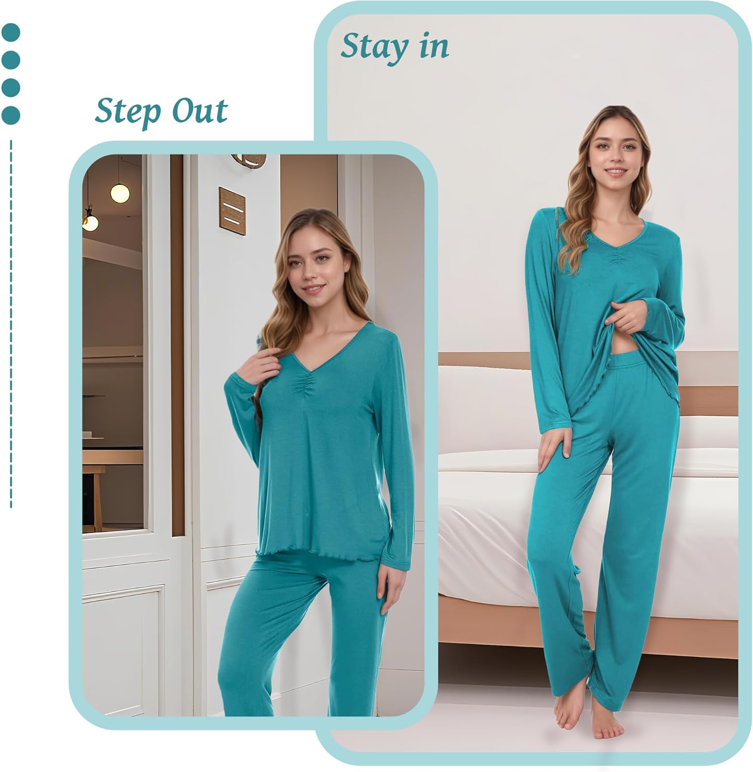 Women's Soft Knit Pajamas Set V-Neck Top and Pants Long Sleeve Two Piece Loungewear Elegant Wavy Hem Sleepwear - Image 6