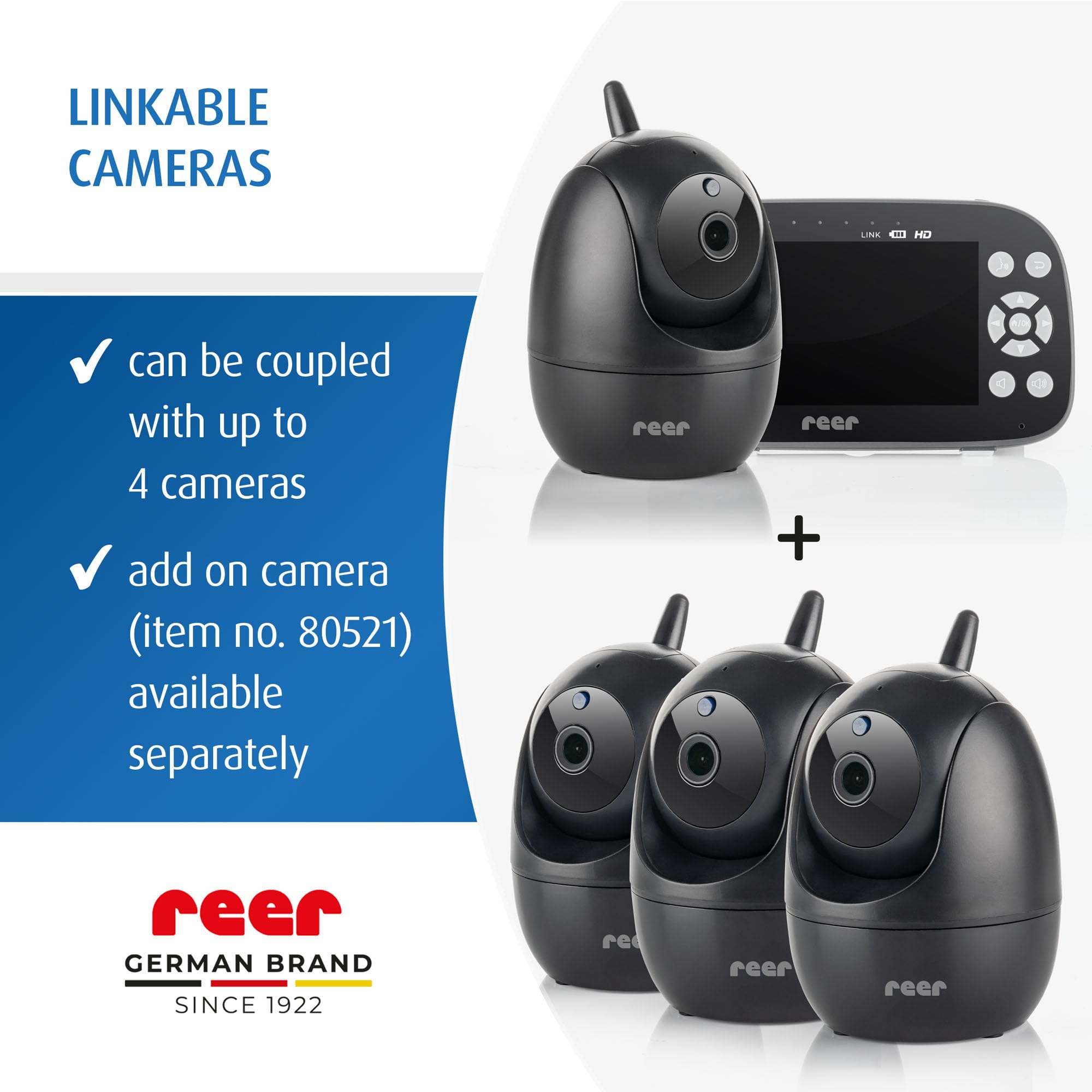 reer BabyCam Pro HD Move | Cyfrowa niania wideo z technologią FHS | Duży ekran HD 5" | Zasięg 300 m | Obrotowa i przechylana kamera z noktowizorem i 4-krotnym zoomem