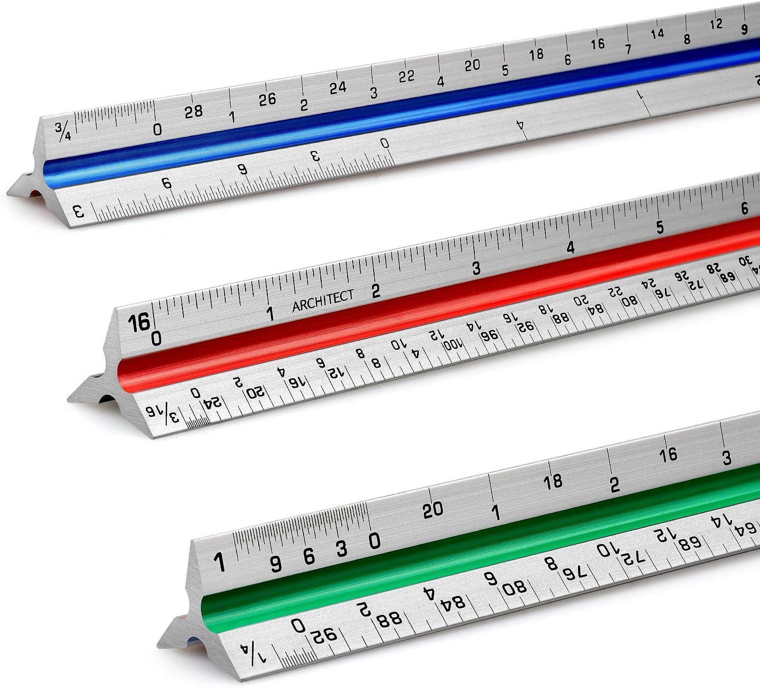 12" Architectural Ruler - Aluminum Triangular Scale for Architects, Draftsmen, Students and Engineers - Color-Coded (1 Pack)