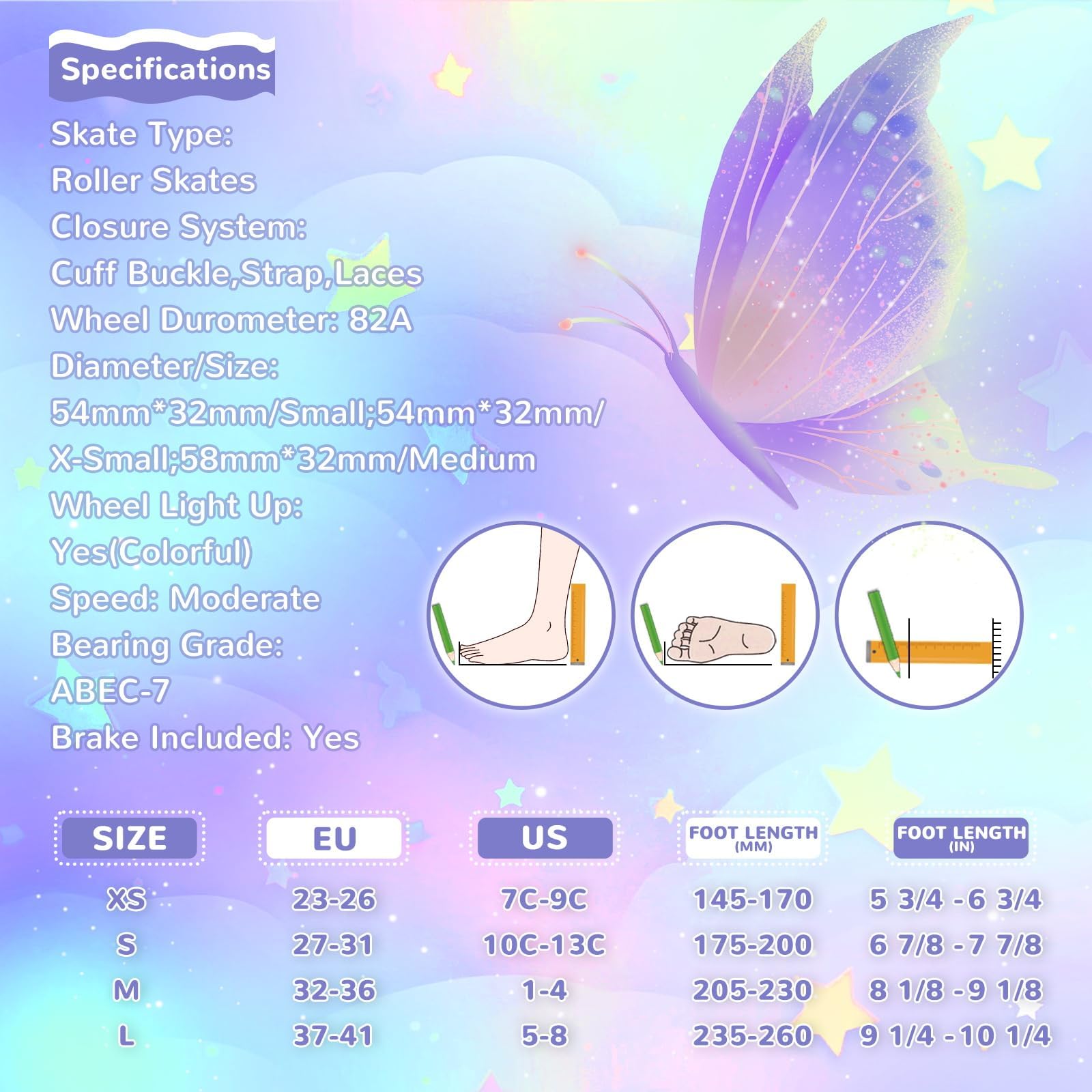 Nattork Patins à roulettes pour enfants - 4 tailles réglables - Avec motif papillon et fleur - Cadeau d'anniversaire pour les sports d'intérieur et d'extérieur