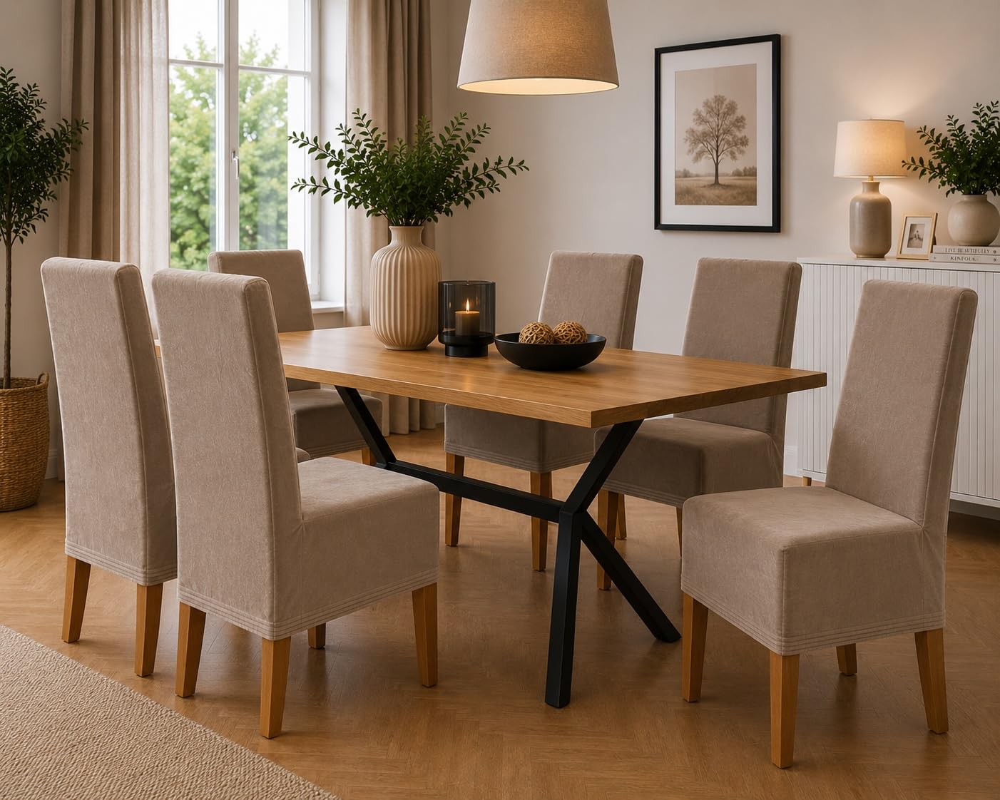 Scheffler Home Stuhlhussen Samt Stein-Beige 6er Set Puma | Weiche Velours-Stuhlbezüge, elastisch und waschbar, für Hochlehner, Polsterstühle und Esszimmerstühle