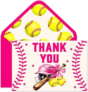 JarThenaAMCS 24 Pack Softball Thank You Cards Hot Pink Yellow Softball Greeting Cards With Envelopes Stickers Sport Theme Blank Note Card for Sport Game Party Birthday