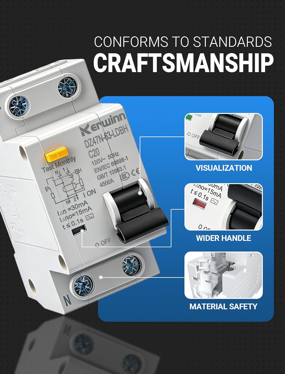 Leakage Protection Circuit Breaker,120V AC 20Amp Ground Fault Residual Current Circuit Breaker DIN Rail Mount for Solar ac System(20A) - Image 6