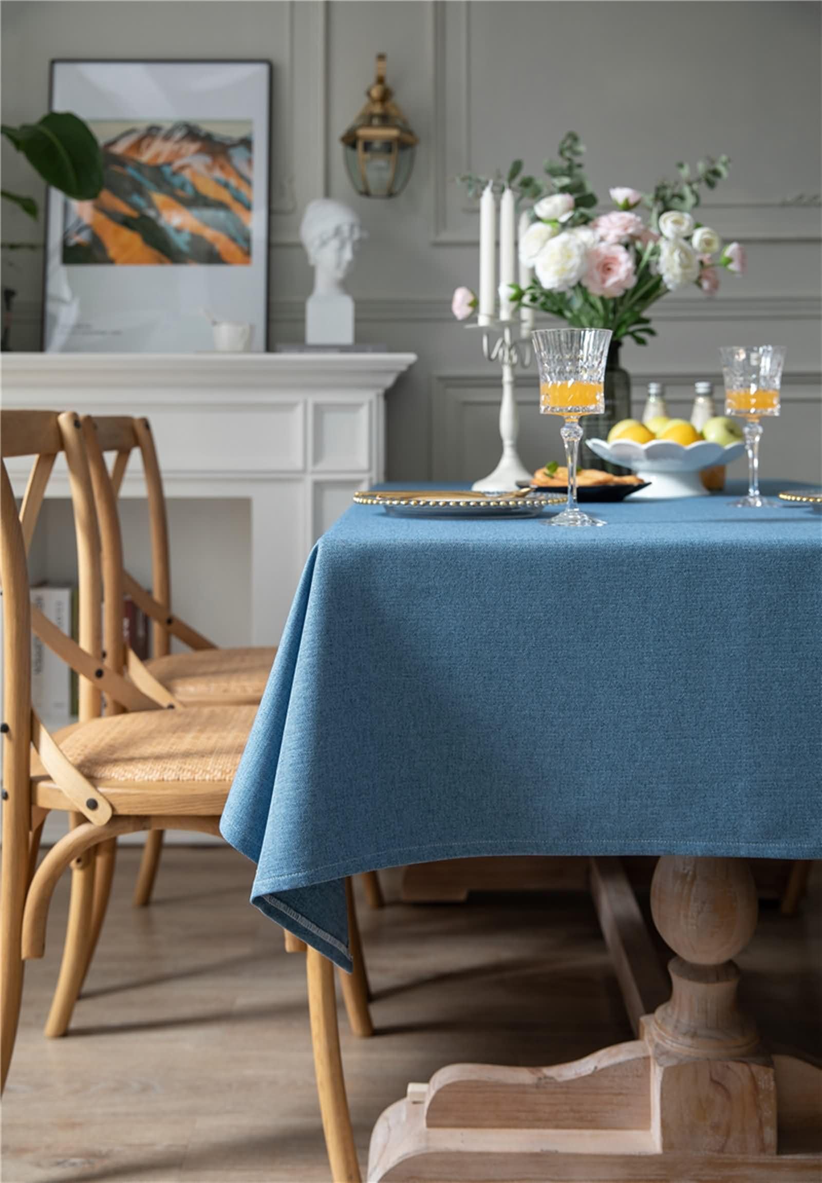 Manteles para Mesa Rectangular 135 W x 300 L CM,Manteles Mesa Salón Azul Color Sólido Poliéster Algodón Mantel para Mesa de Salón