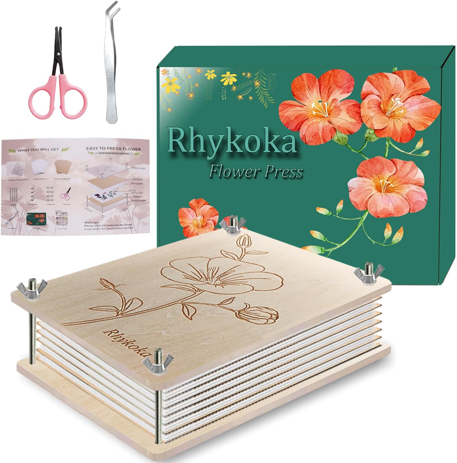 Rhykoka Professional Flower Press, 8 Layers 6.3x8.3 inch (16x21cm) Flower Press Kit Wooden Leaf Pressing Kit for Kids Adults with Clear Instruction, Nice Gift for DIY Dried Flowers Lovers (Wooden)