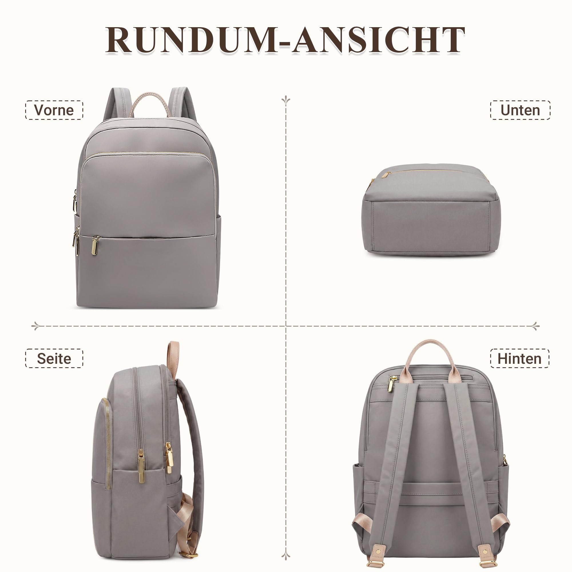 DIRRONA Damenrucksack Modern Leicht, Laptop Rucksack 14 Zoll Tagesrucksack Damen Elegant Rucksack Uni Rucksack Diebstahlsicher Damen Groß Arbeit Reisen Freizeit GeschäFt Sanftes Taupe
