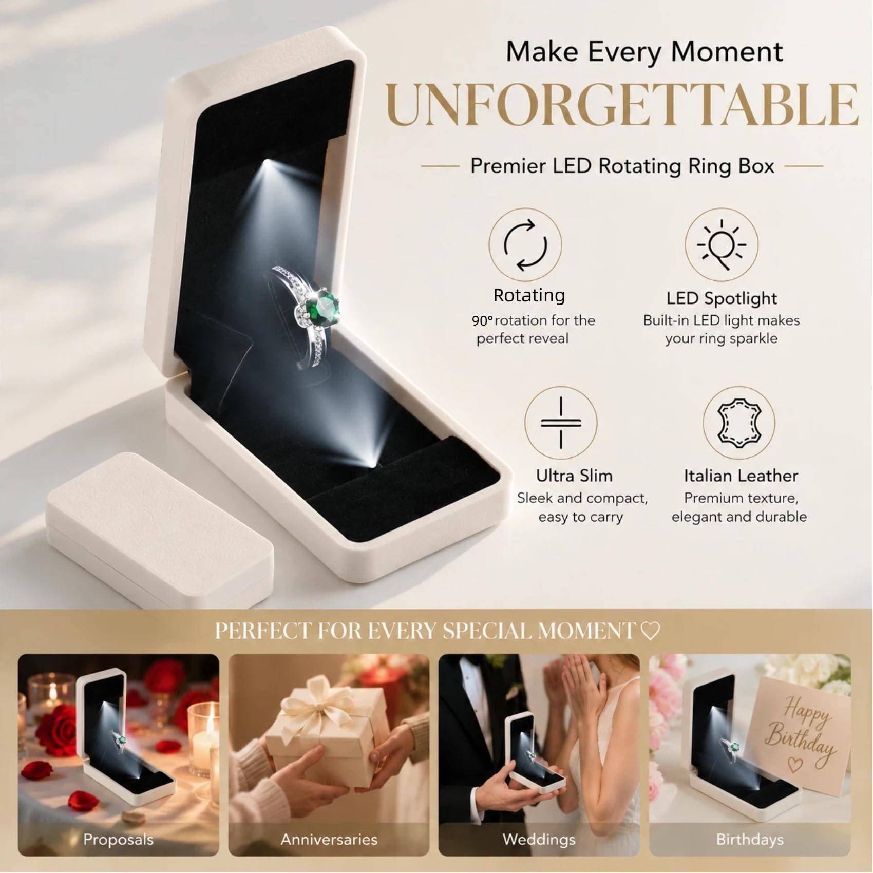 sunking Weiße italienische Leder drehbare Ringbox Slim Verlobungsringbox mit LED-Licht Antragsringbox für Hochzeit Verlobung