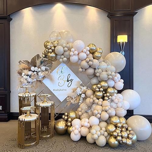 Miniatura 4 de Juego de globos de color blanco arena dorada, globos de doble relleno de 12 pulgadas, globos de fiesta boho con cromo metálico dorado neutro crema