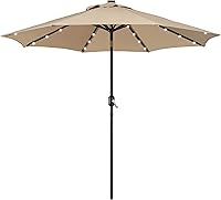 Yaheetech 9FT Solar Patio Umbrella w/ 32 LED Lights, Push Button Tilt, Crank Lift & UV Protection - Tan Market Table Shade for Deck, Pool, Garden