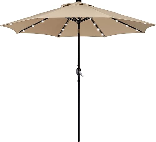 Yaheetech Sombrilla de patio con energía solar de 9 pies, sombrilla de mesa de mercado con protección UV con 32 luces LED y sistema de elevación de