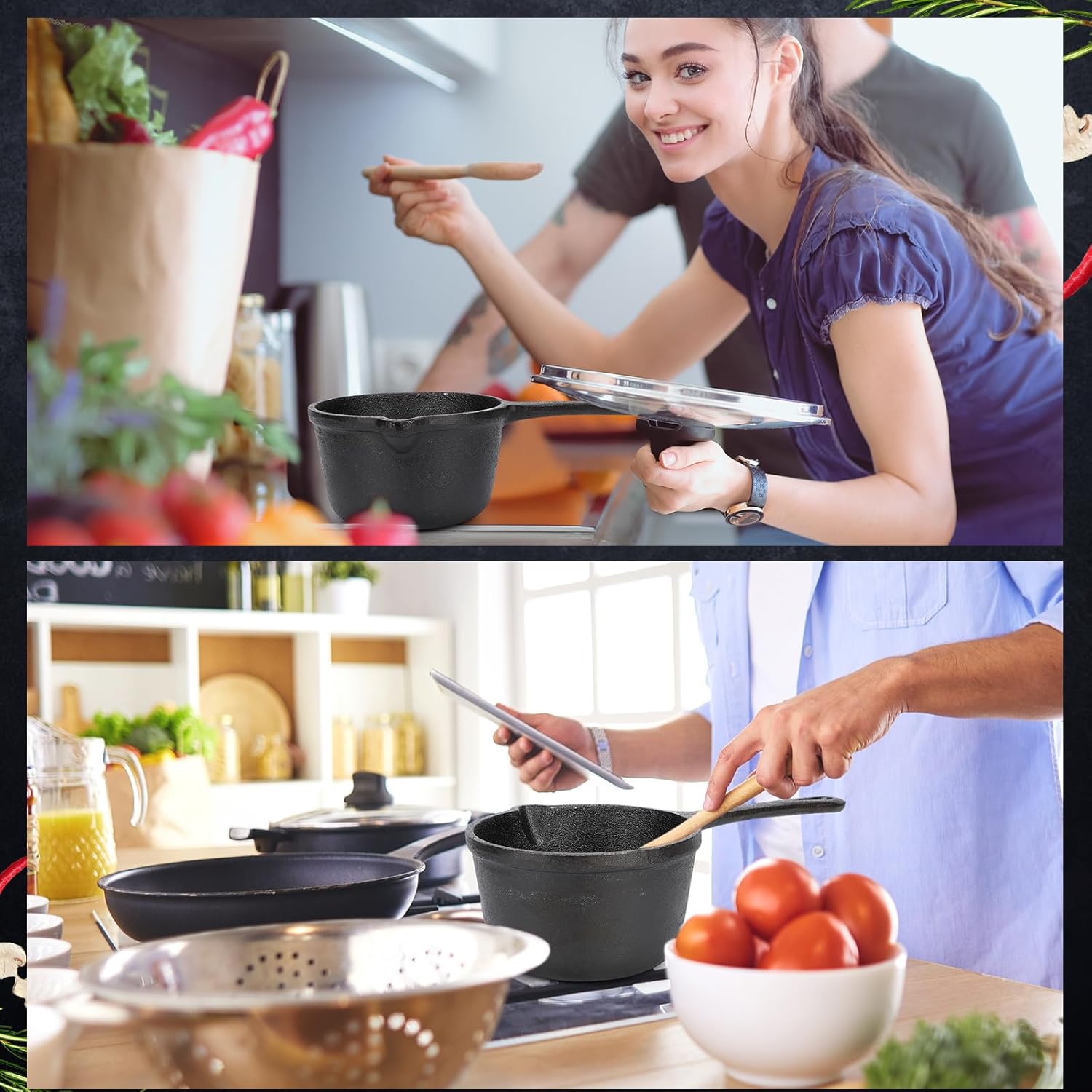 Honeydak 2 Pcs Cast Iron Sauce Pan 1.2 Quart Basting Pot with Handle Small Pre-seasoned Heavy Cast Iron Roasting Pans for Grilling Smoking BBQ Accessories for Grilling and Ovens(6.3 x 3.54)