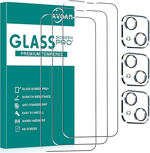[Paquete de 3+3 protectores de pantalla de vidrio para iPhone 13 con protector de lente de cámara, película de vidrio templado transparente HD de
