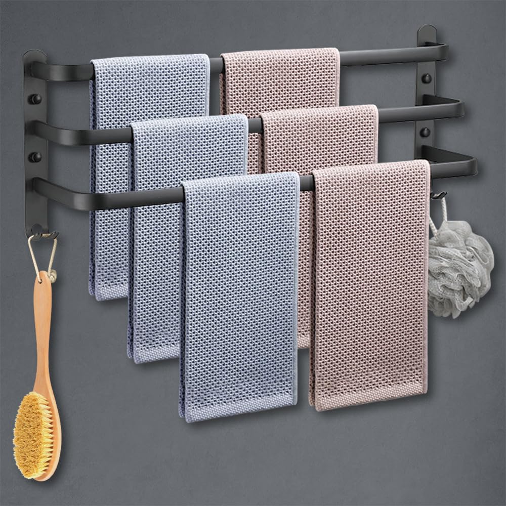 GLETSF Towel Rails Wall Mounted Three Tier Towel Rack With Hooks Space Aluminum Towel Holder No Fading Towel Shelves For Kitchen Bathroom Toilet Hotel Office Black 50Cm-Black-2ATier 50CM