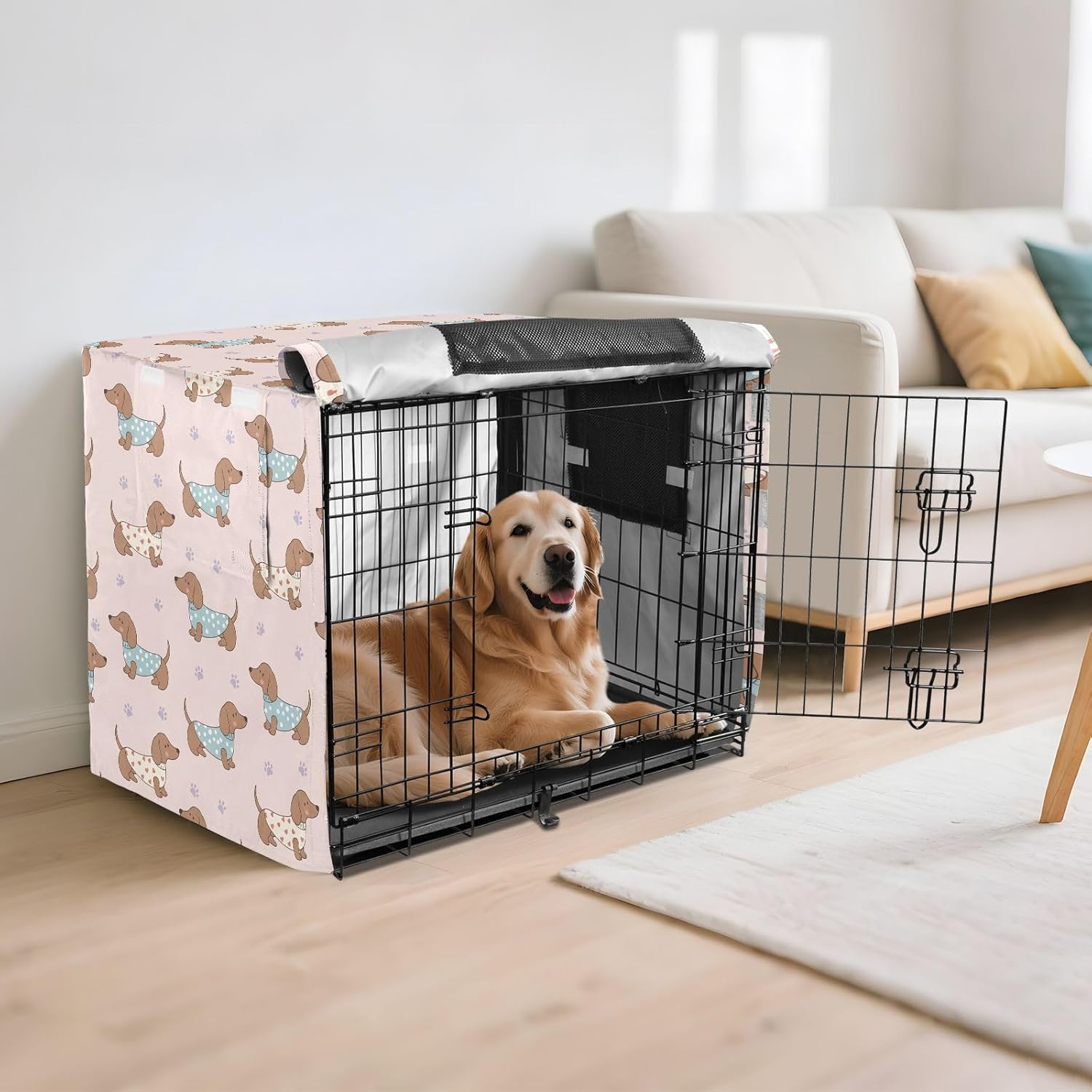 Cute Brown Dachshunds Dog Crate Cover 600D Oxford Pet Kennel Cover with Mesh Window for Dog Cages, Windproof Waterproof Machine Washable, 42"x28"x30"