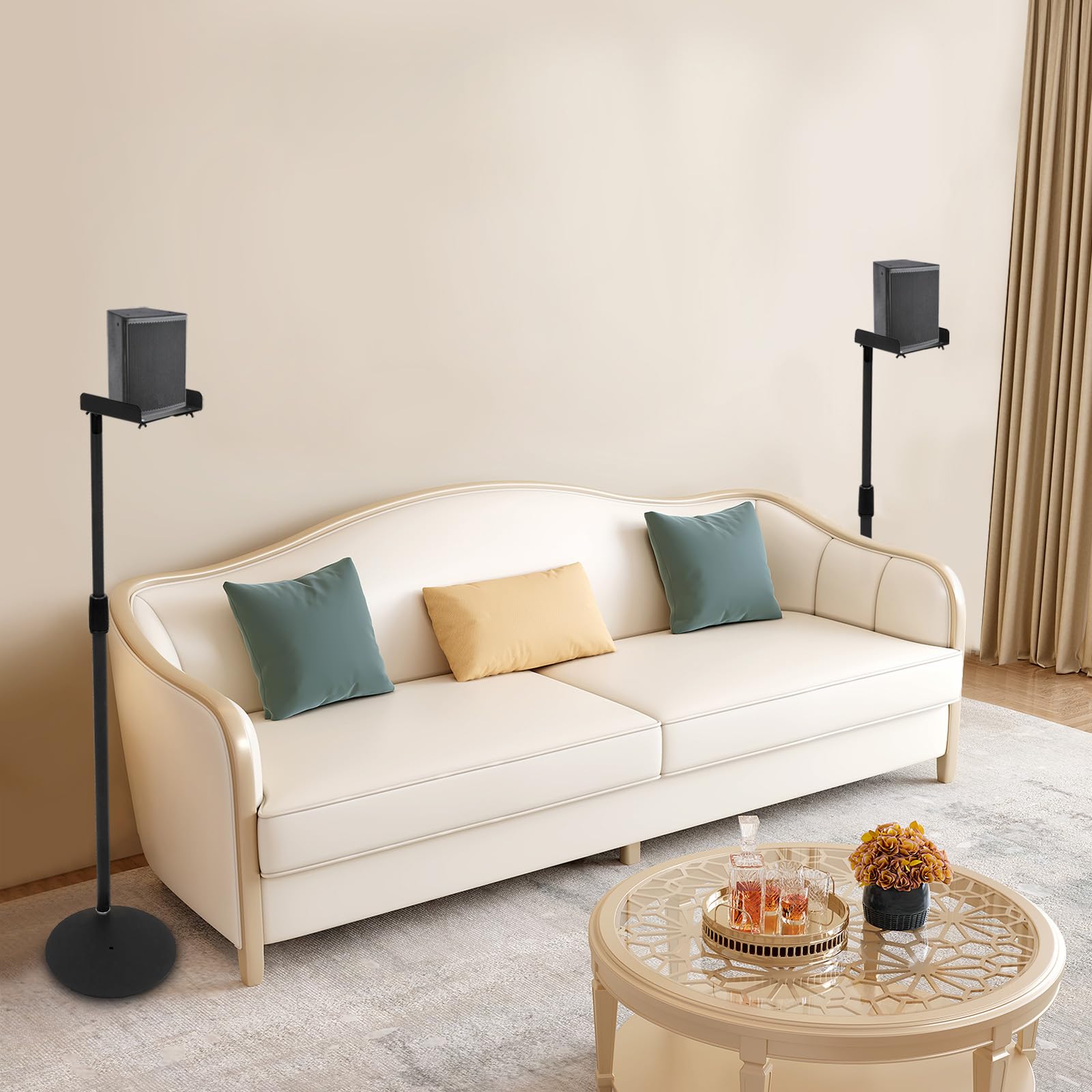 Set di 2 supporti per altoparlanti, regolabili in altezza, 75-140 cm, girevoli a 360°, supporto universale per altoparlante surround, per home theater e HiFi, nero