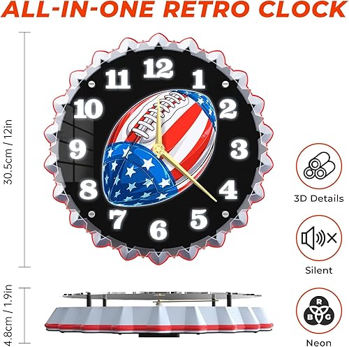 Miniatura 4 de Reloj de pared de neón, 12 pulgadas, diseño vintage de tapa de botella de cerveza con gráficos de bandera estadounidense y fútbol, impresionante