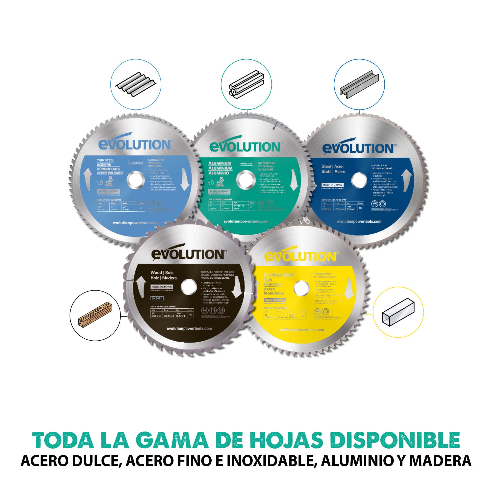 Evolution Hoja de sierra de 255 mm A255TCT-80MS de Evolution para cortar aluminio: la hoja de sierra de metal con punta de carburo no genera calor, rebabas ni chispas