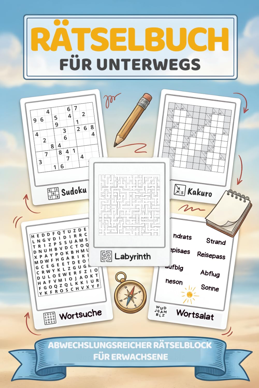 Rätselbuch für unterwegs: Abwechslungsreicher Rätselblock für Erwachsene – ideal für Urlaub, Reise & Freizeit mit Sudoku, Wortsuchrätseln, Kakuro, Labyrinthen & Wortsalat