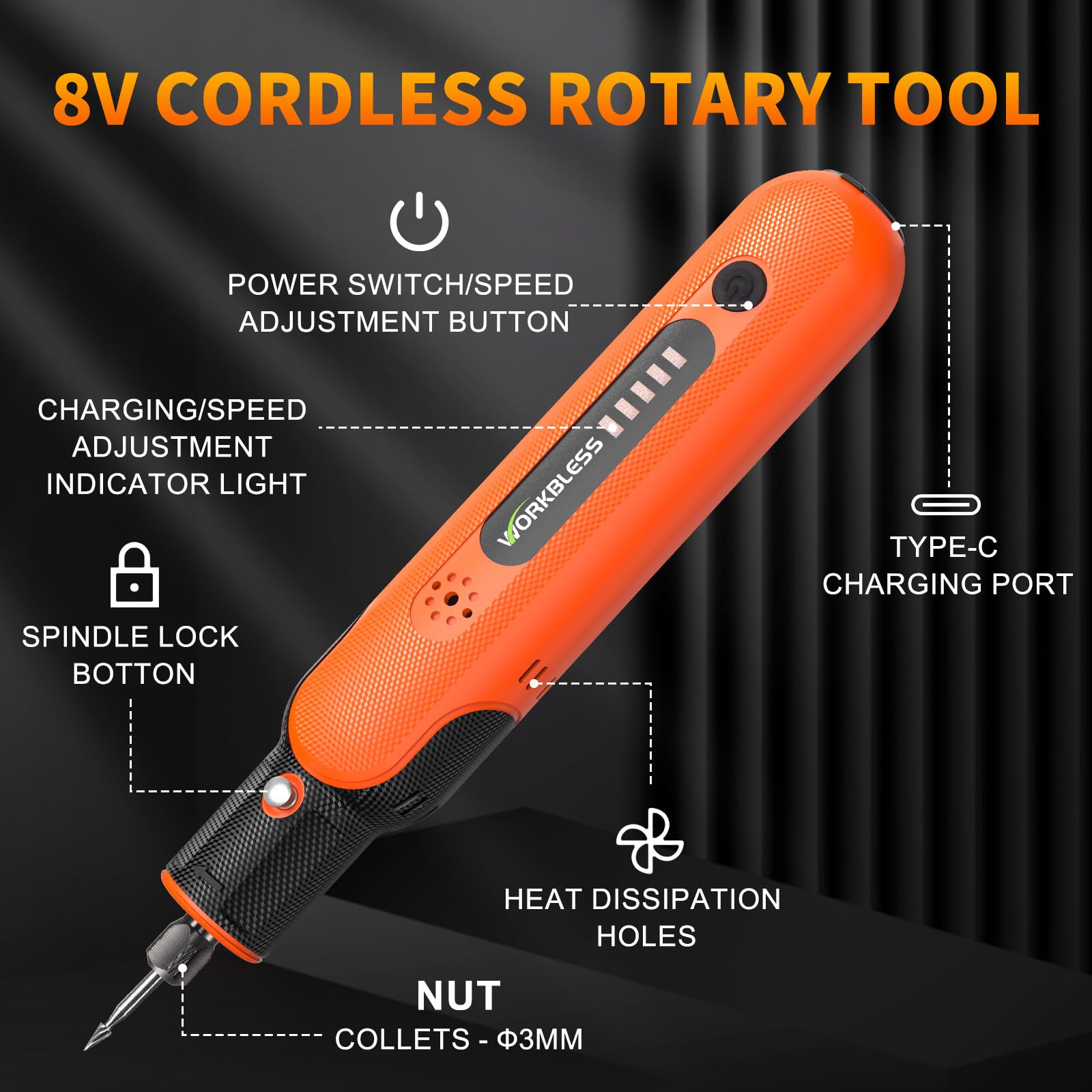 Outil Rotatif Sans Fil, Ensemble D'outils Rotatifs à 5 Vitesses Avec Accessoires 5000 18000 Trmin Chargement Via Type C Outils Rotatifs Pour Meulage Polissage Percage Gravure Poncage Travaux 87968271