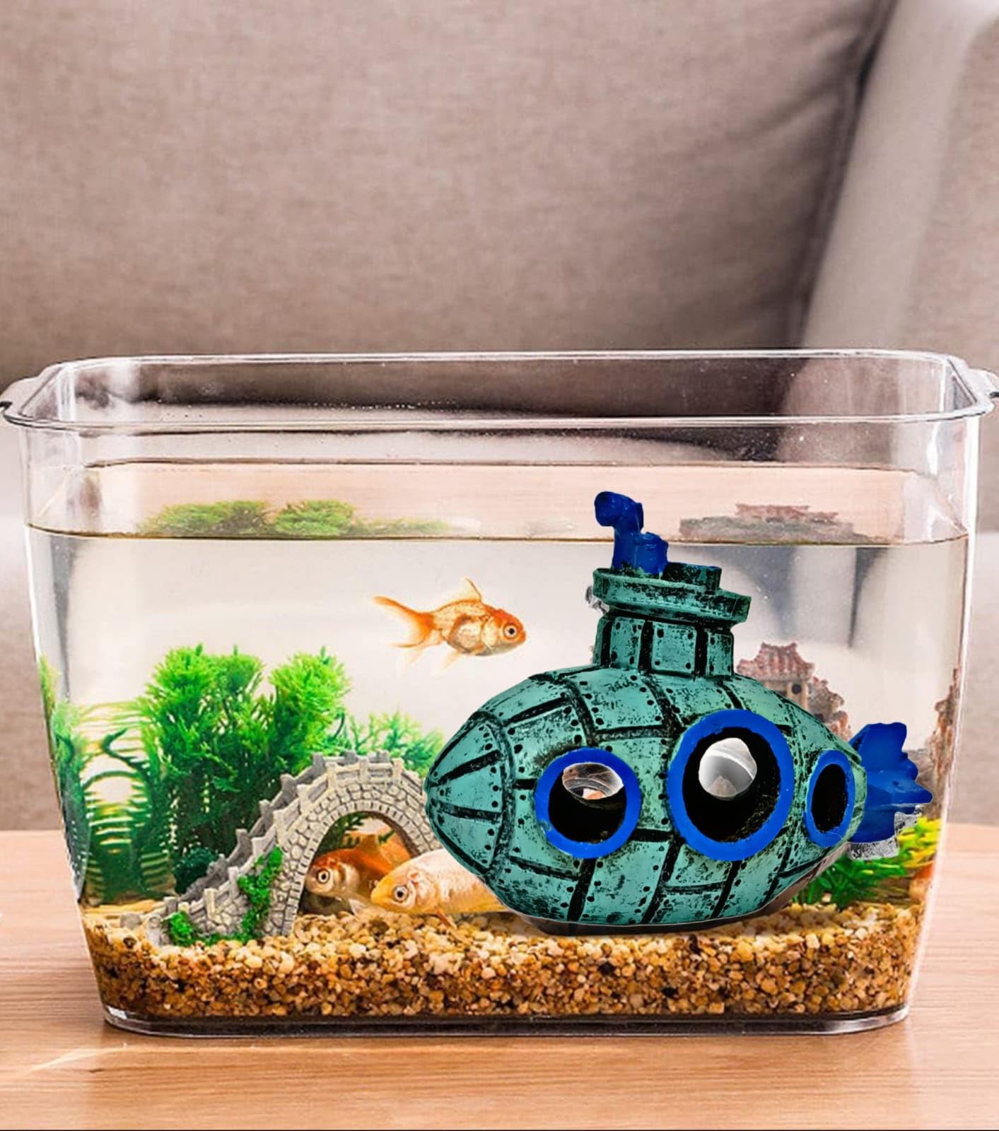 Antique Mini Submarine Aquarium Decoration for Fish Tank | Fish Hiding Cave Shelter Ornament | Blue Submarine Aquarium Decor