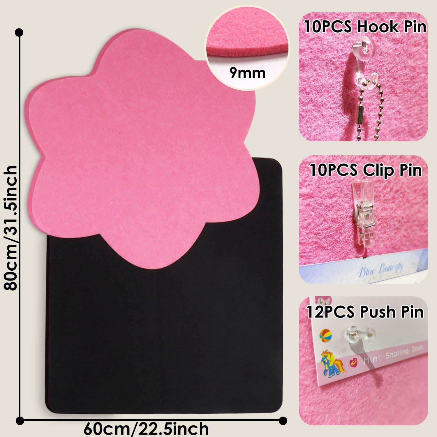 DIY Felt Bulletin Board – 31.5"x22.4" Self-Adhesive Wall Panel with 40 Push Pins, Sound-Absorbing Felt Board for Photos, Notes, Accessories – for Home, Office, Classroom Decor (Pink)