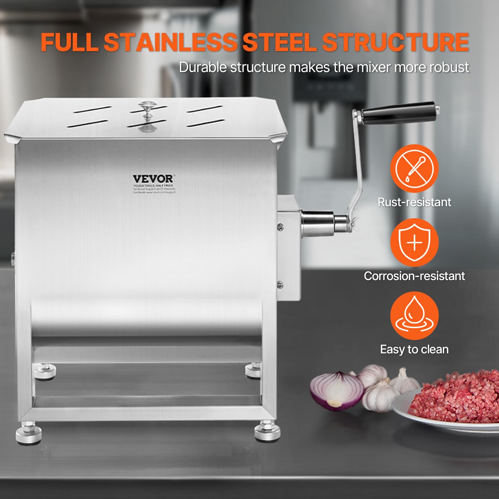 VEVOR BX-30 60 l stały sprzęt do przetwarzania zbiorników (mieszanie maks. 27,2 kg, mięso ze stali nierdzewnej, maszyna do kiełbasy z uchwytem pokrywy reduktor biegów, mielona wołowina, mikser ręczny