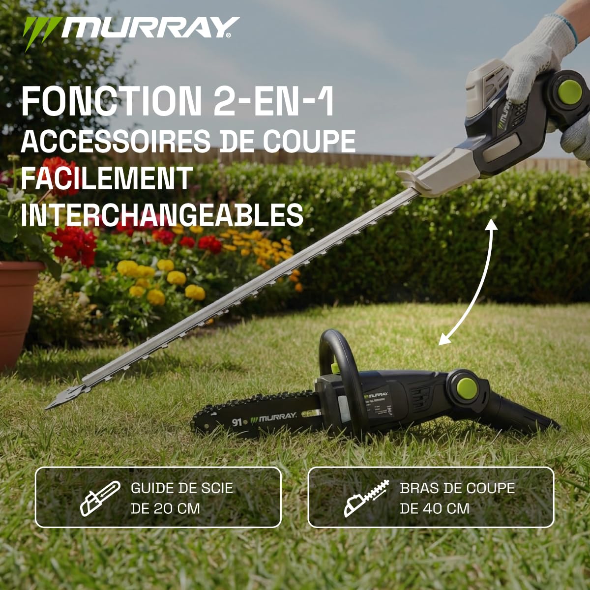 Murray Taille-Haie & Tronçonneuse Télescopique 2-en-1 sans Fil MU-Bat-MM-CSHT-KIT – 20V, 3Ah, Lame de Coupe 40 cm, Guide de Scie 20 cm, Système SDS, Inclinable, Portée 330 cm