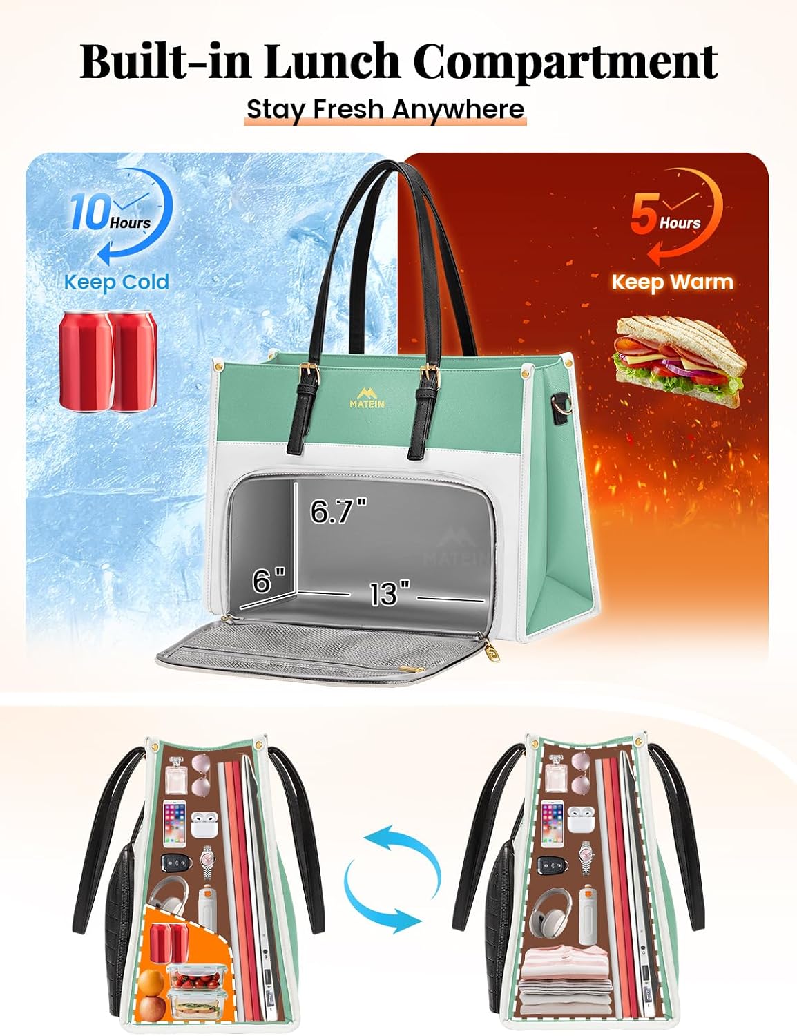 MATEIN Tote Lunch Bag for Women, 15.6 Inch Laptop Tote with Larger Insulated Lunch Compartment for Teacher, Nurse, Water Resistant Large Computer Handbag with Purse for Picnic, Casual, 2 Sets, Green