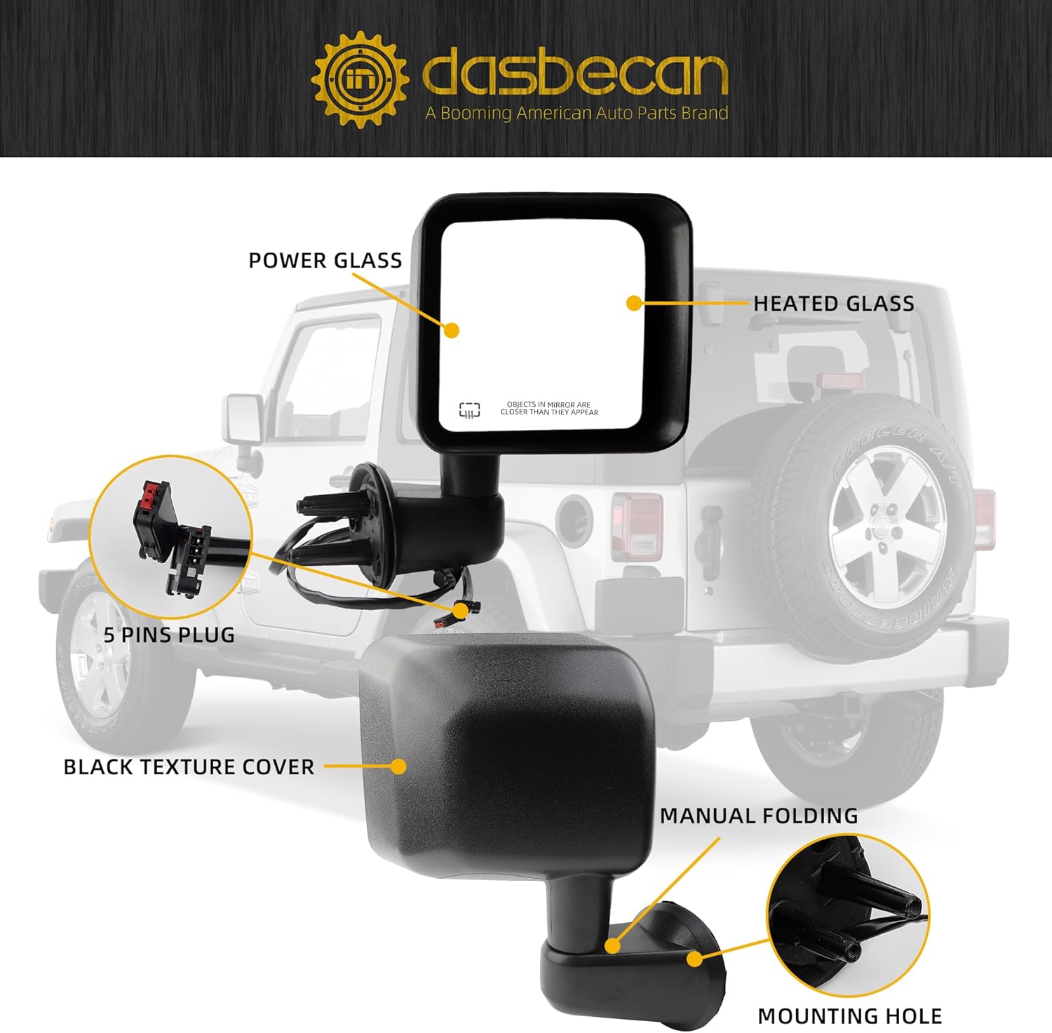 Dasbecan Right Passenger Side Mirror Compatible with 2015 2016 2017 Jeep Wrangler JK Power Heated Manual Folding Door Mirror ‎Textured Black Replaces#CH1321390 68249846AD 68125584AA (5Pins)