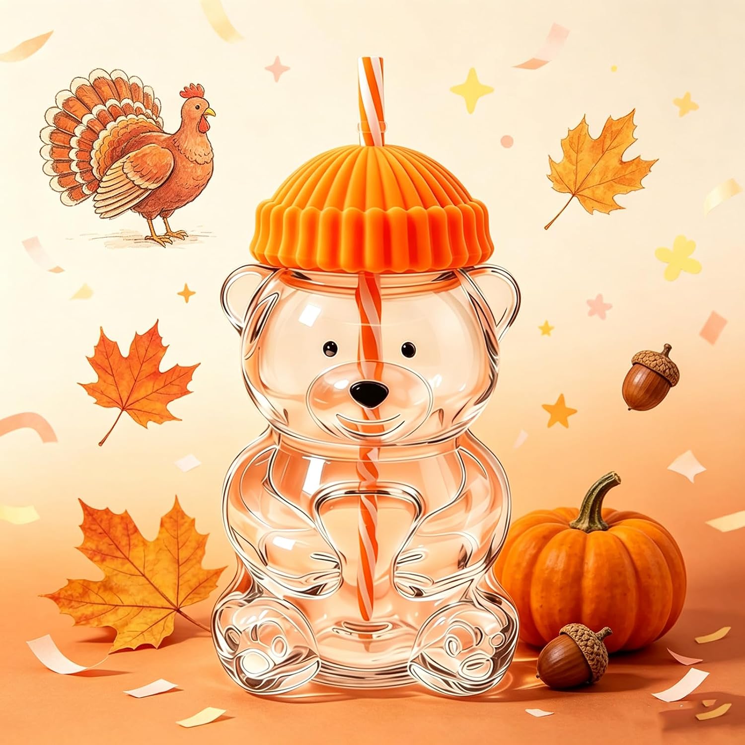 Bear Straw Cup Glass Bear Cup with Lids and Straws Cute Coffee Mugs 20oz Drinking Water Bottle Reusable Party Mug for Milk Tea, and Cocktails, Dishwasher Safe (Orange) image 2
