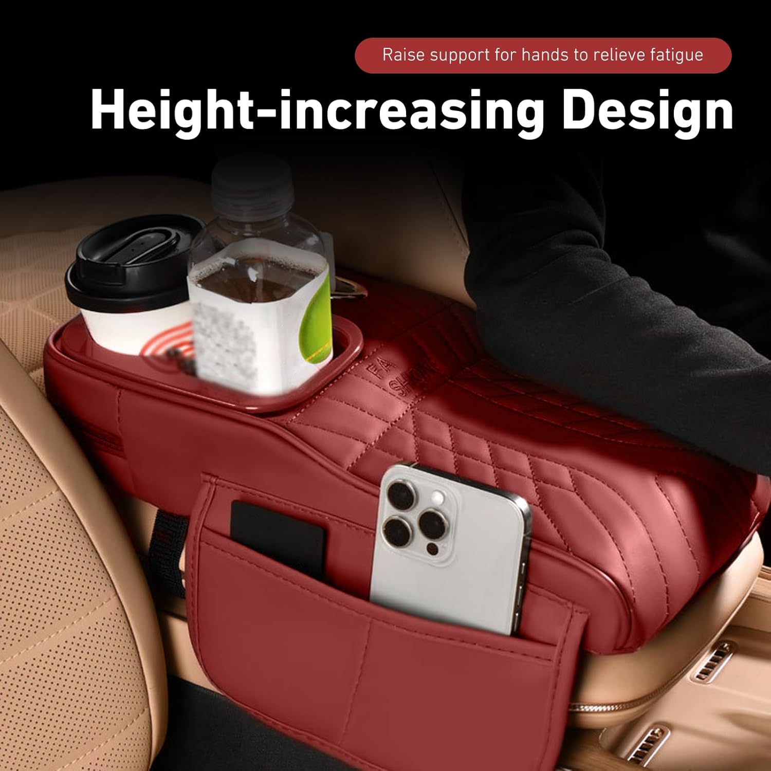 Car Center Console Booster Cover, Multifunctional Car Interior Arm Rest Box Storage Cushion with Cup Holder, Tissue Box, Side Pockets, Leather Memory Foam Armrest Pillow Protection (Red)