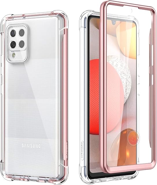 SURITCH Clear Case for Samsung A42Built in Screen Protector 360 Full Body Hybrid Protection Hard Shell+Soft TPU Rubber Rose Gold Bumper Rugged Case with Lens Protector for Samsung Galaxy A42 5G 6.6"