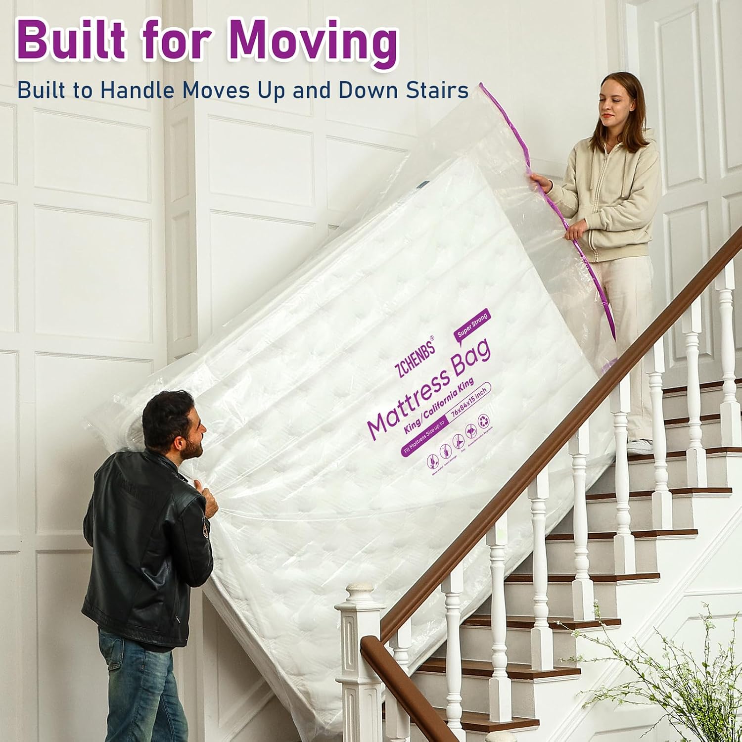 ZCHENBS® - King Mattress Bags for Moving, Waterproof Storage Bag with Zipper, Heavy-Duty 5 Mil Ultra-Thick California King Mattress Protector Cover for Moving, Reusable (Transparent/Purple, 1 Pack)